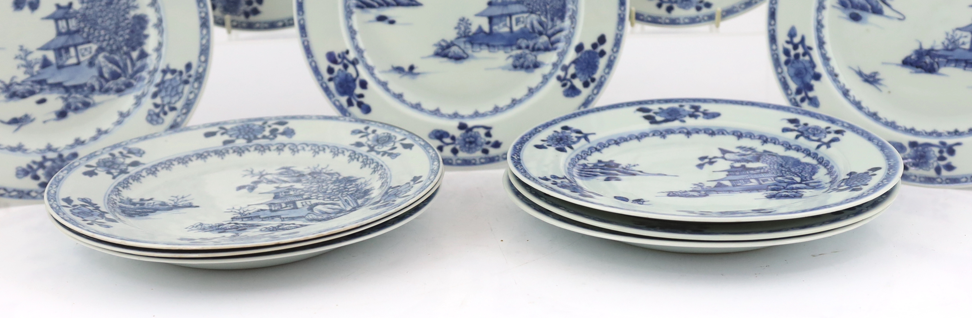 A set of twelve Chinese Nanking Cargo ‘Boatman’ blue and white plates, Qianlong period